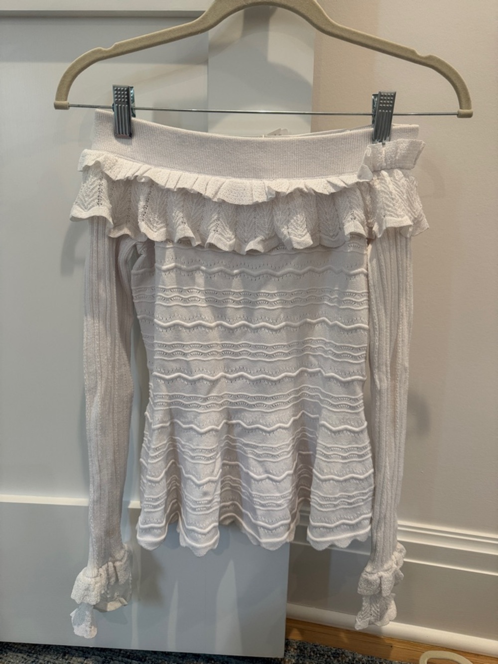 Jonathan Simkhai White Off-Shoulder Ruffle Knit Top